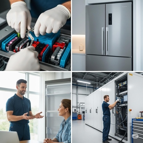 Técnicos de Service City reparando heladeras